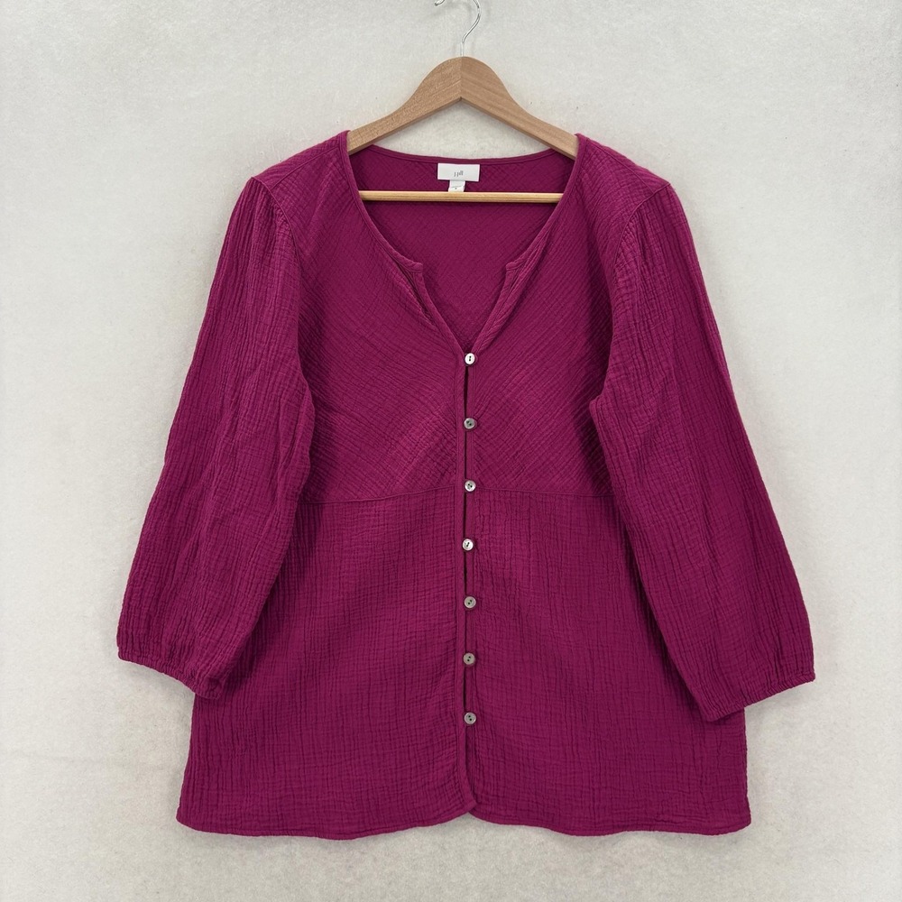J Jill Shirt Womens Medium Pink Cotton Gauze Button Front 3/4 Sleeve Tunic Light